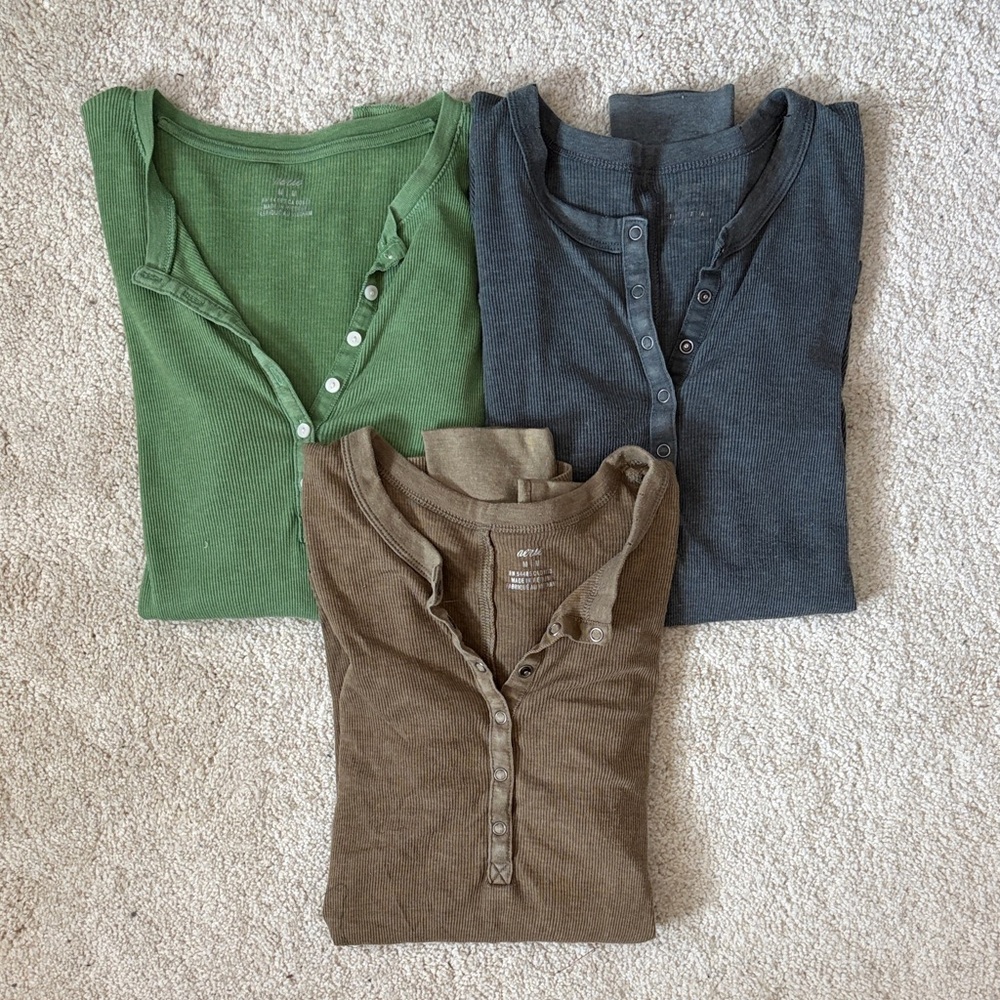 Aerie Women's Ribbed Henley Long Sleevs - Green, Gray, and Brown